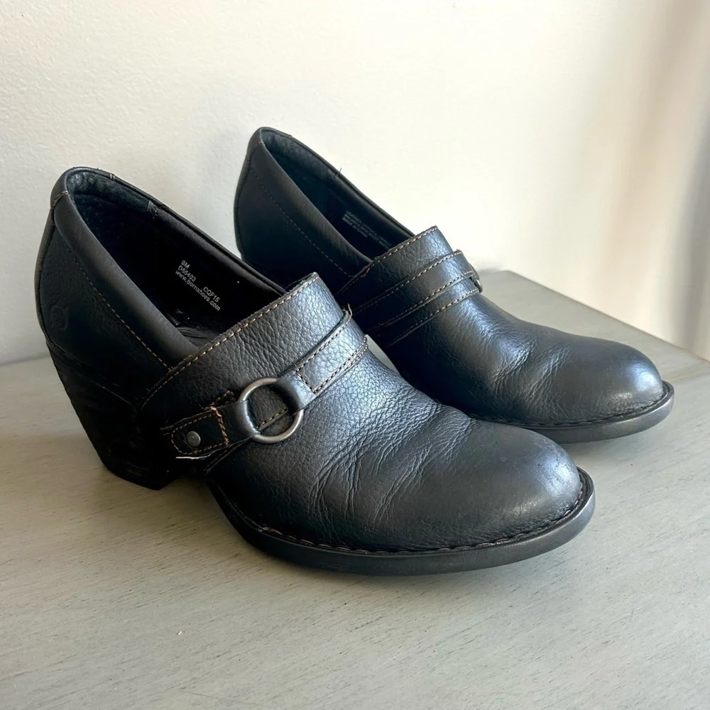 Born Leather Ankle Block Heel Slip On Boots Booties Women Sz 9 Black Strap Moto
